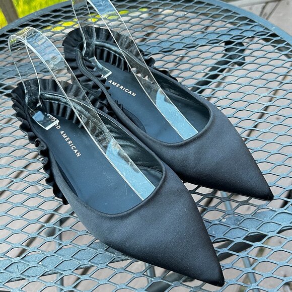 Good American Show Off Slingback Black Satin Ruffle Pointed Toe Flats - Picture 1 of 9